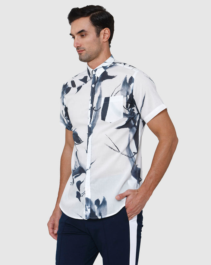 White Floral Print Short Sleeves Shirt