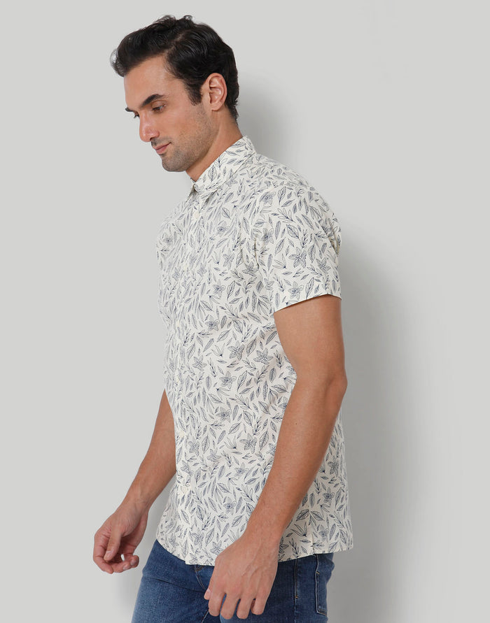 White Floral Print Short Sleeves Shirt