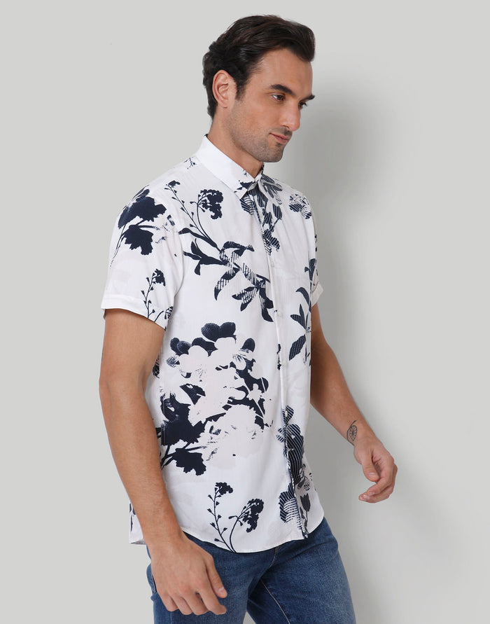 White Floral Print Short Sleeves Shirt