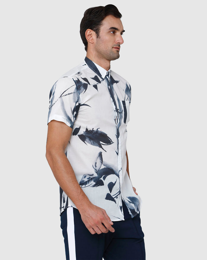 White Floral Print Short Sleeves Shirt