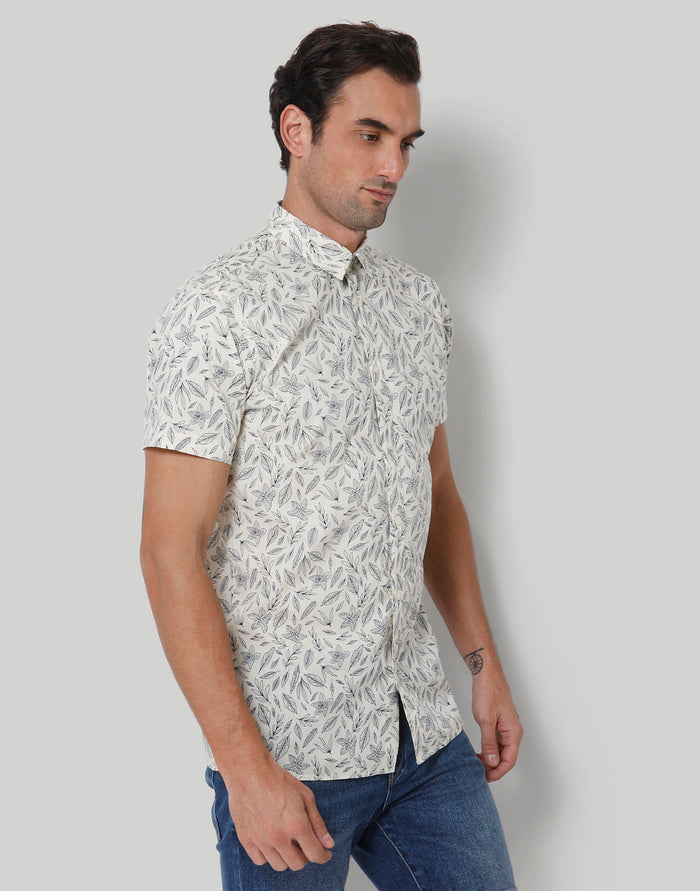 White Floral Print Short Sleeves Shirt