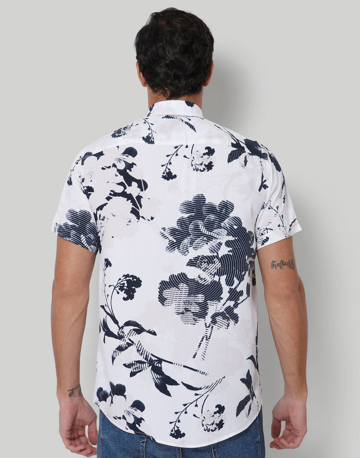 White Floral Print Short Sleeves Shirt