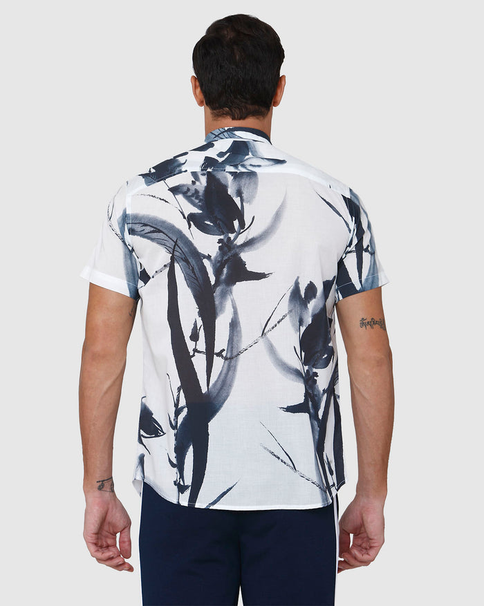 White Floral Print Short Sleeves Shirt