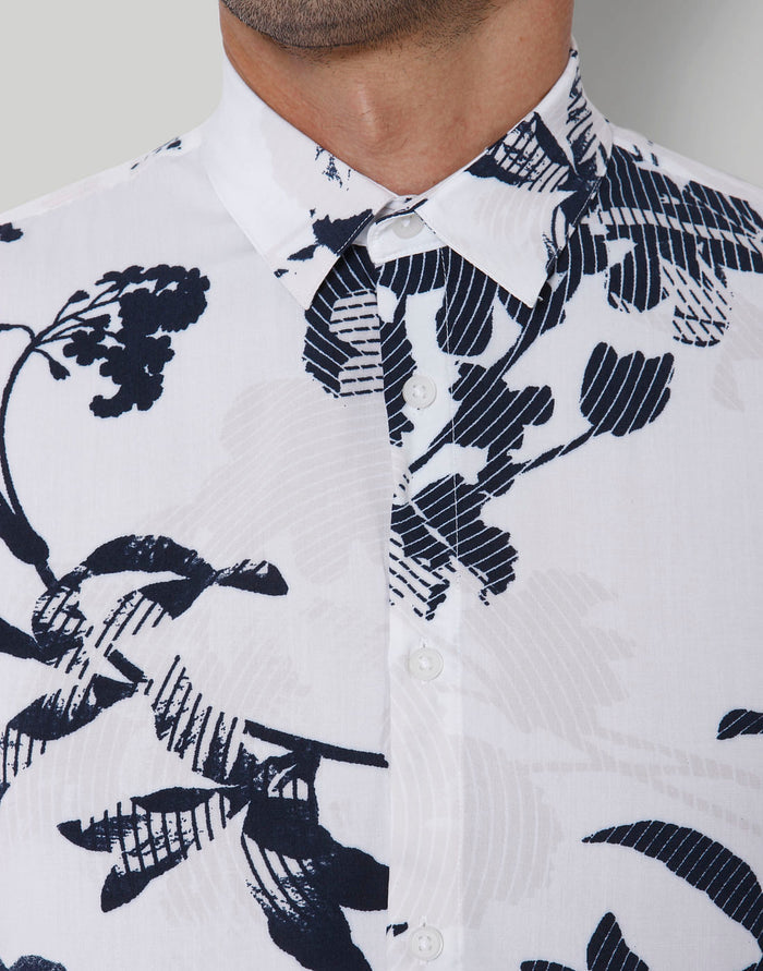 White Floral Print Short Sleeves Shirt