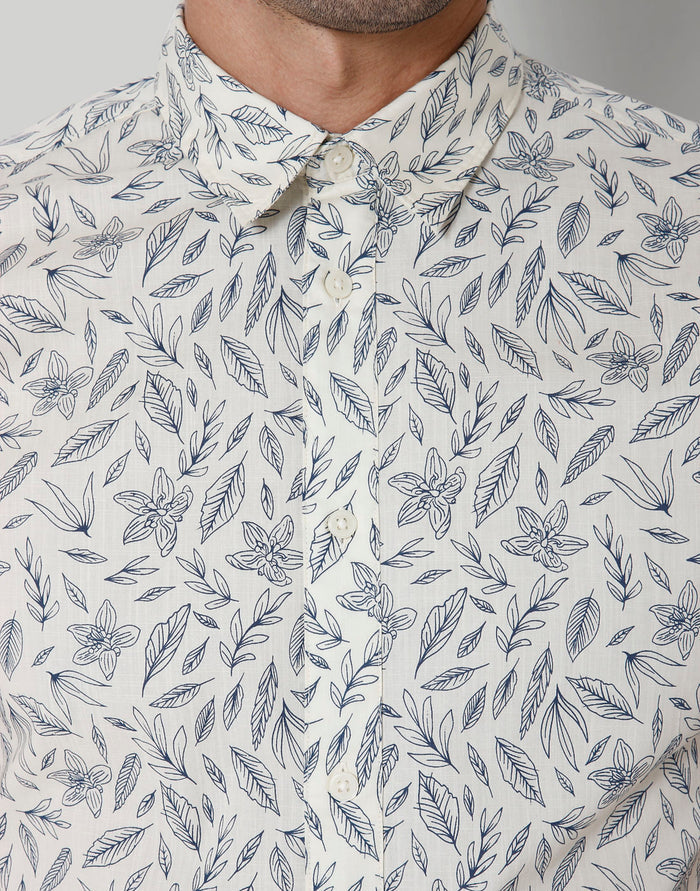 White Floral Print Short Sleeves Shirt
