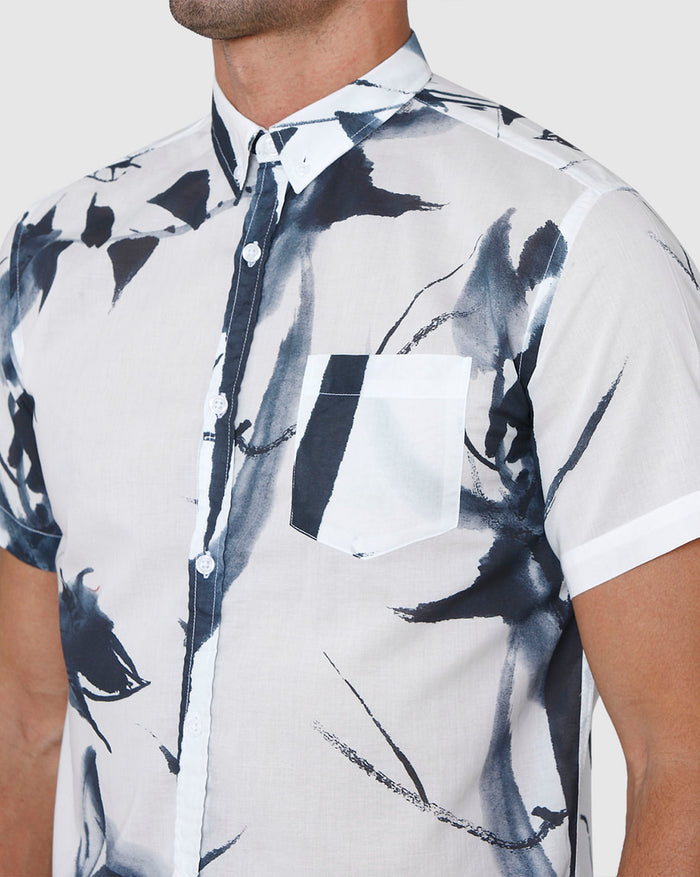 White Floral Print Short Sleeves Shirt