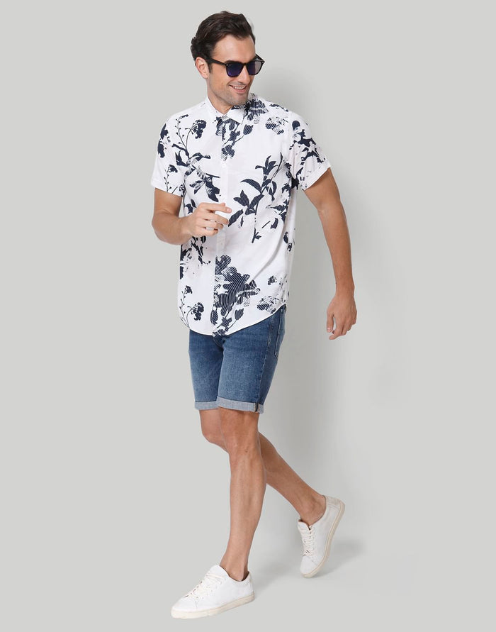 White Floral Print Short Sleeves Shirt