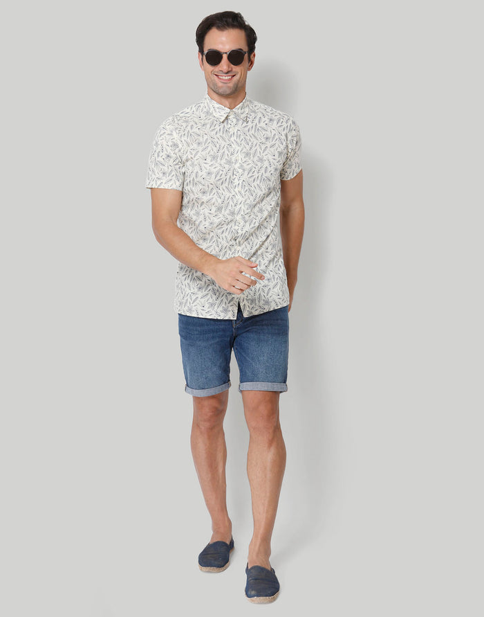 White Floral Print Short Sleeves Shirt