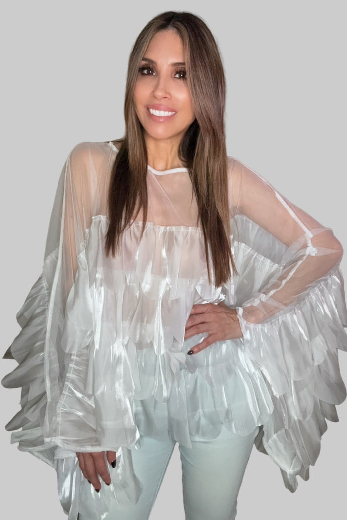 Style the White Shimmer Organza Scallop Ruffle Layered Blouse exclusively at Born To Glam