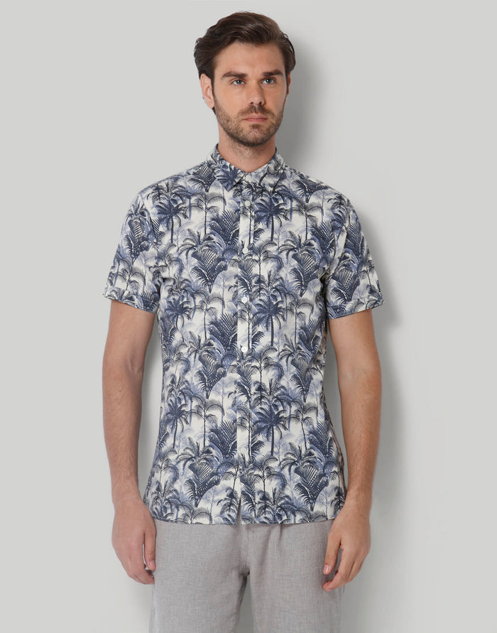 White Tropical Print Short Sleeves Shirt