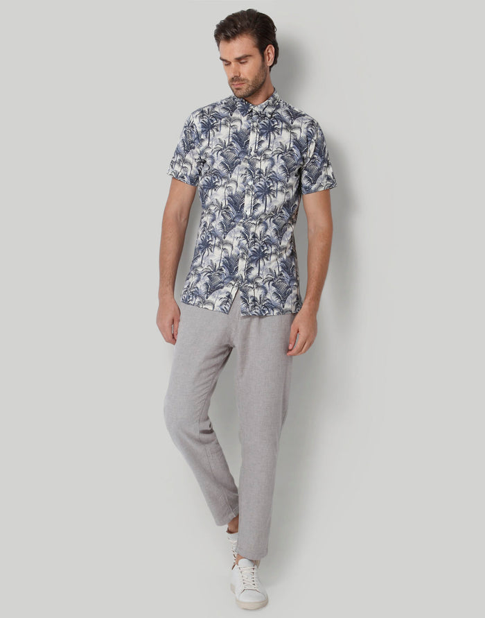White Tropical Print Short Sleeves Shirt