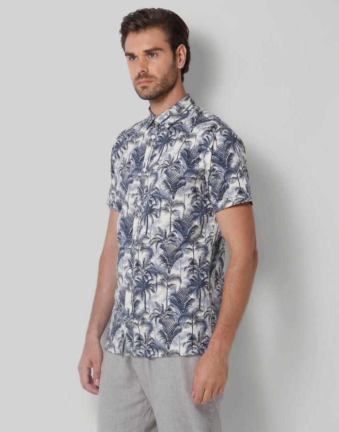White Tropical Print Short Sleeves Shirt