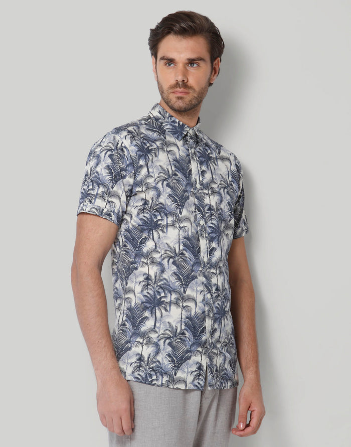 White Tropical Print Short Sleeves Shirt