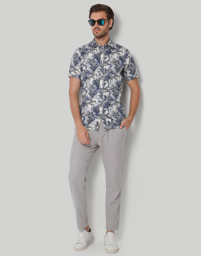 White Tropical Print Short Sleeves Shirt