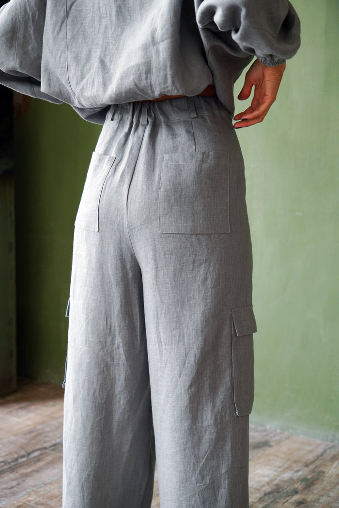 Wide Linen Cargo Pants ALBA in Light grey