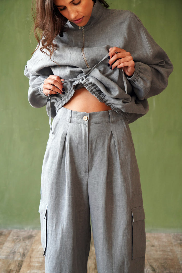Wide Linen Cargo Pants ALBA in Light grey