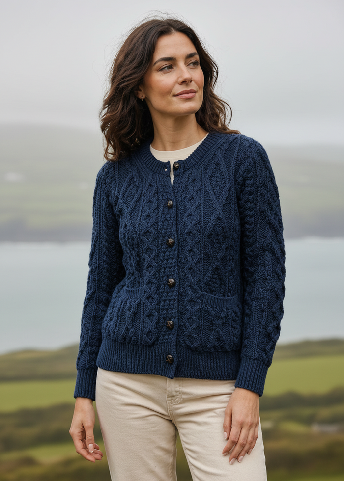 Women's Aran Cardigan Navy Green Mix | Authentic Irish Cable Knit