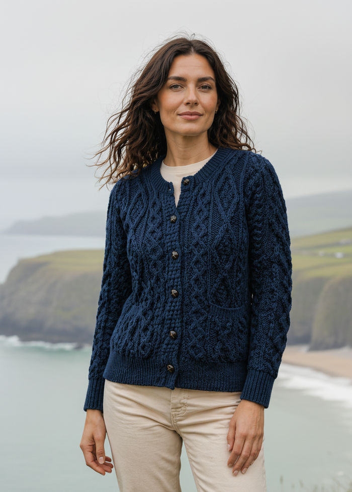 Women's Aran Cardigan Navy Green Mix | Authentic Irish Cable Knit