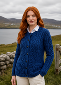 Women's Button Aran Cardigan | Blue | 100% Merino Wool | Made in Ireland