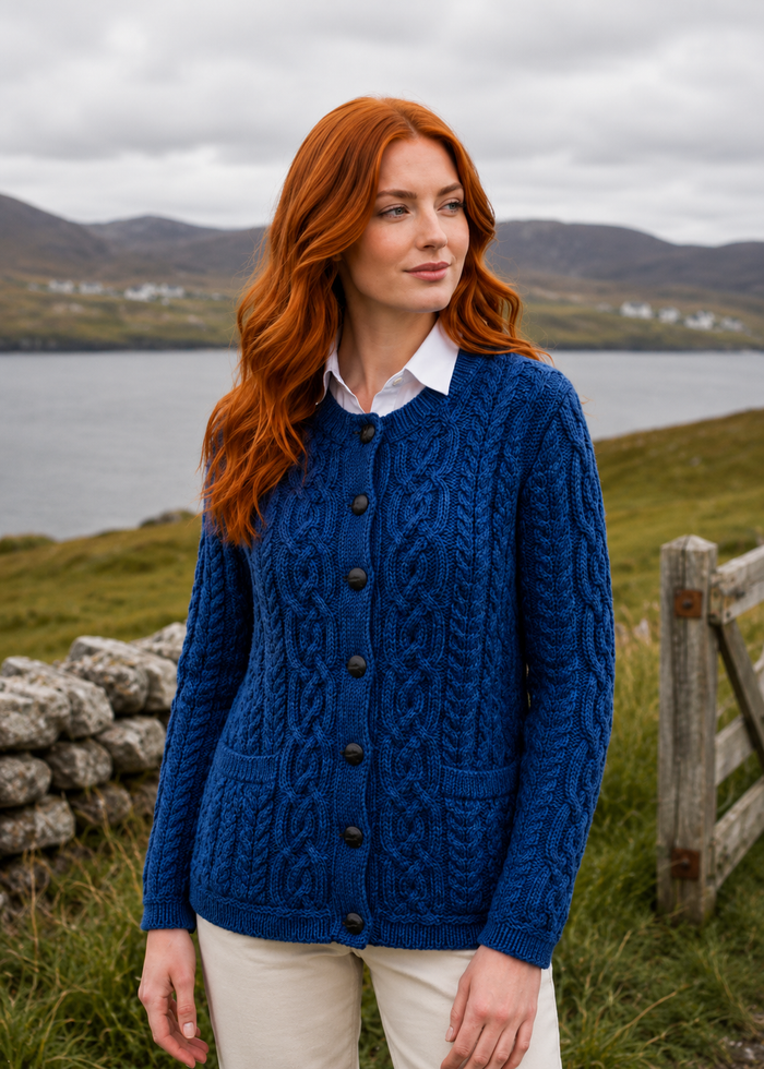 Women's Button Aran Cardigan | Blue | 100% Merino Wool | Made in Ireland