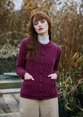 Women's Button Aran Cardigan | Burgundy | 100% Merino Wool | Made in Ireland
