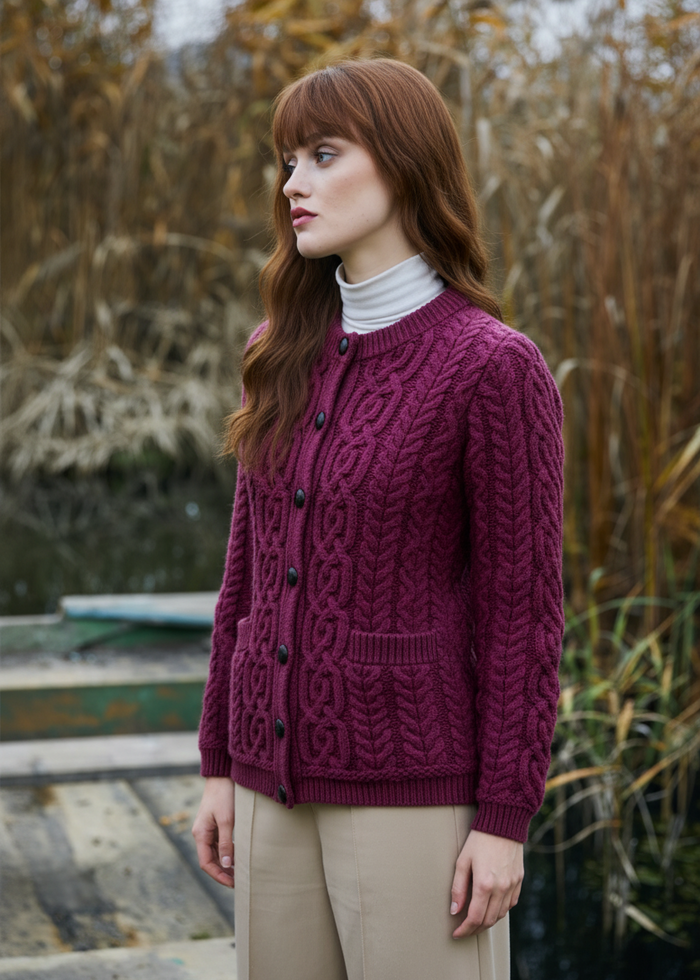 Women's Button Aran Cardigan | Burgundy | 100% Merino Wool | Made in Ireland