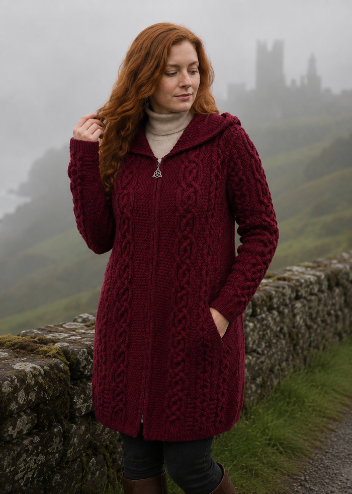 Women's Merino Wool Aran Jacket | Burgundy | Made in Ireland