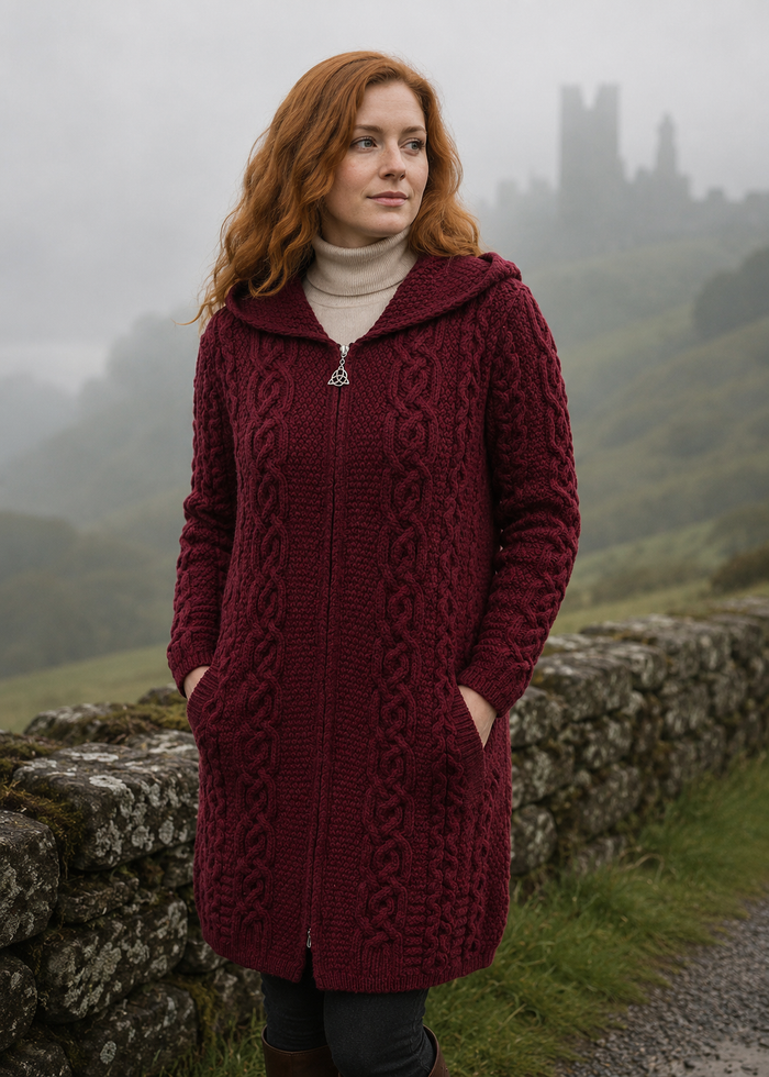 Women's Merino Wool Aran Jacket | Burgundy | Made in Ireland
