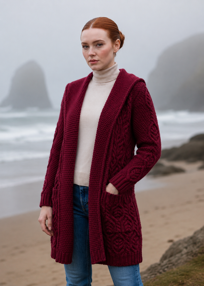 Women's Classic Long Hooded Cardigan | Burgundy | 100% Merino Wool