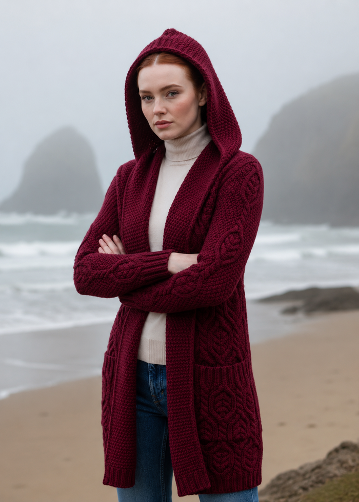 Women's Classic Long Hooded Cardigan | Burgundy | 100% Merino Wool