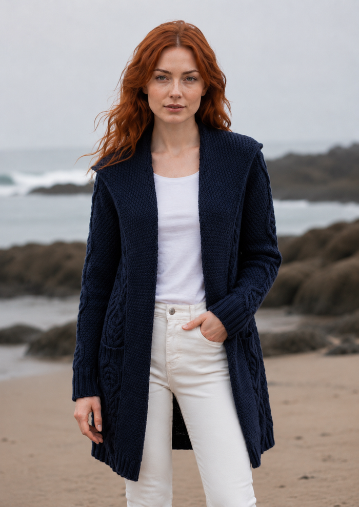 Women's Classic Long Hooded Cardigan | Navy | 100% Merino Wool