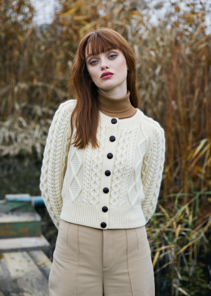 Women's Cropped Aran Cardigan | Natural | 100% Merino Wool | Made in Ireland