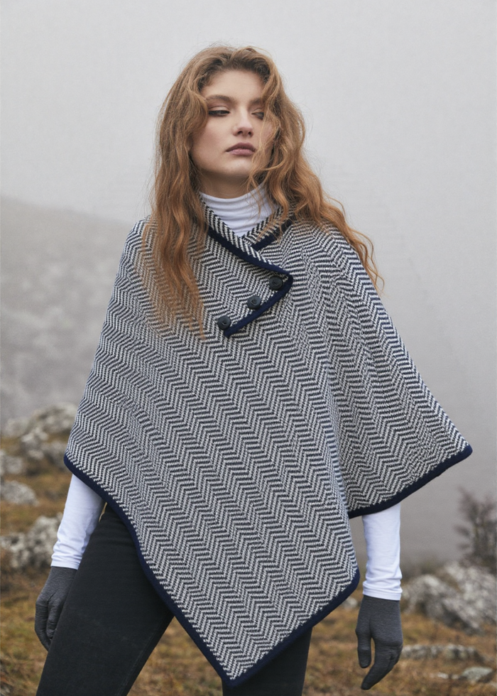 Women's Herringbone Cape | Navy Grey | Merino Wool Blend