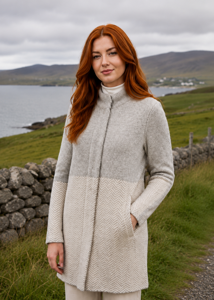 Women's Herringbone Wool Coat | Natural Grey | Merino Wool Blend