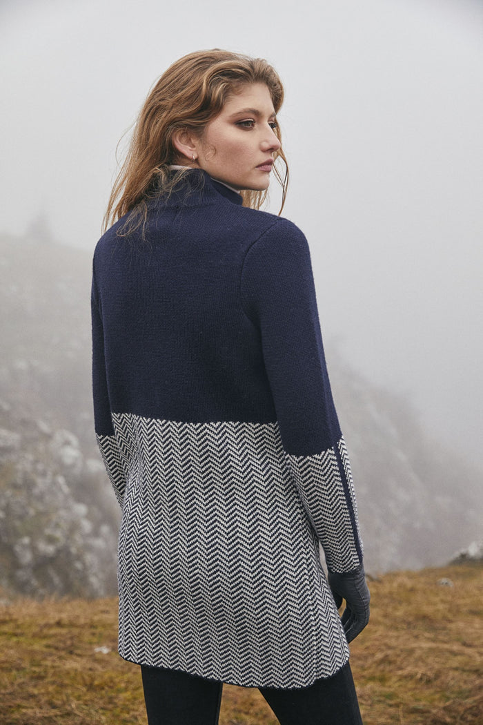 Women's Herringbone Wool Coat | Natural Navy | Merino Wool Blend
