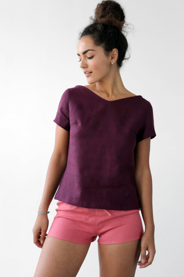 Women's Linen T-Shirt NERINE in Burgundy