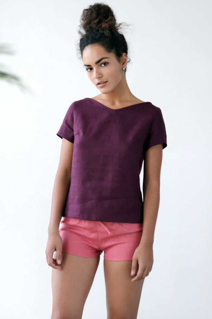 Women's Linen T-Shirt NERINE in Burgundy