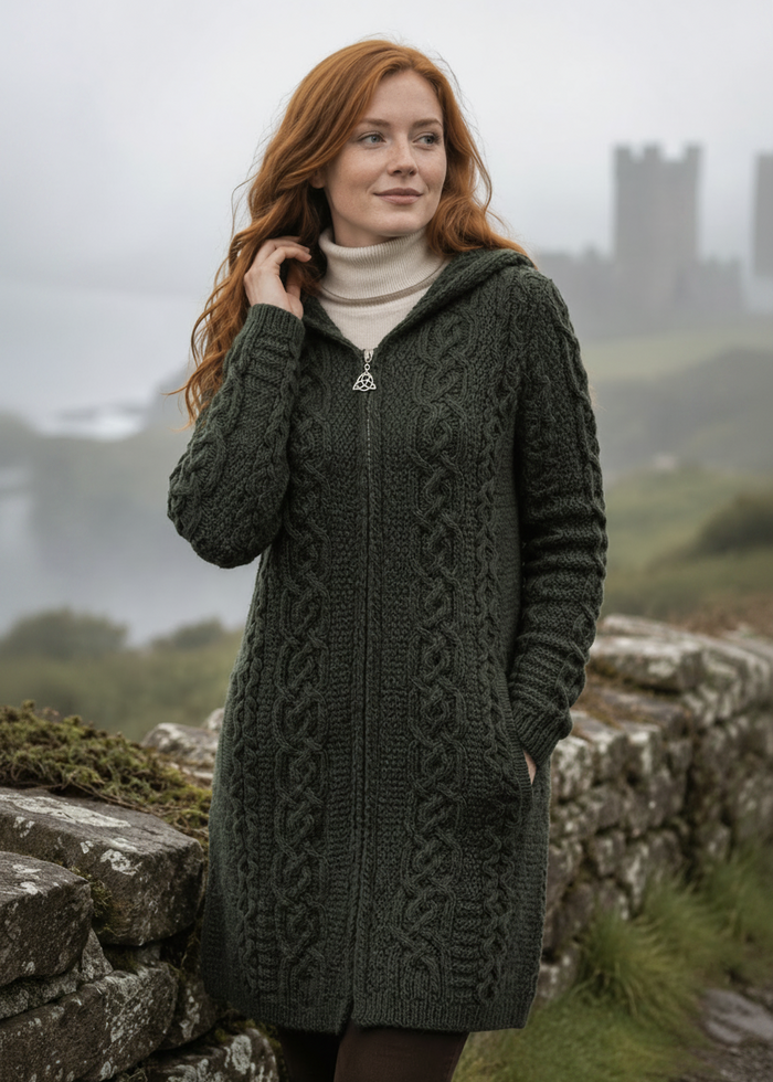 Women's Merino Wool Aran Jacket | Army Green | Made in Ireland