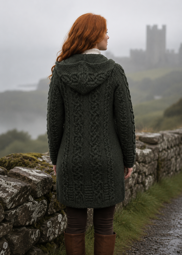 Women's Merino Wool Aran Jacket | Army Green | Made in Ireland