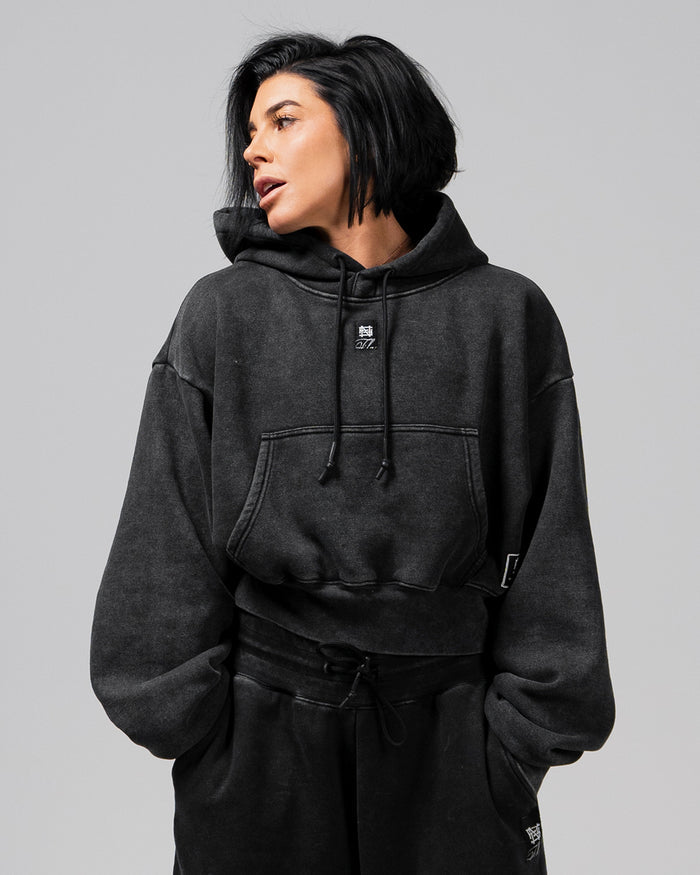 WOMENS OVERSIZED CROP HOODIE - ACID WASH