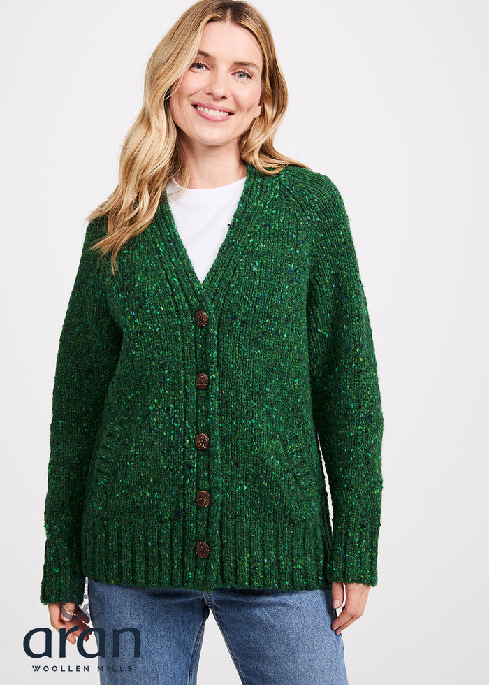 Women's Pure New Wool Tweed Cardigan - Valley Green | Irish Aran Knitwear