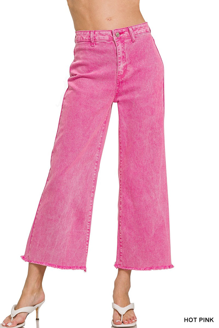 Style the Zenana Acid Washed Frayed Cutoff Hem Straight Wide Jeans exclusively at Born To Glam
