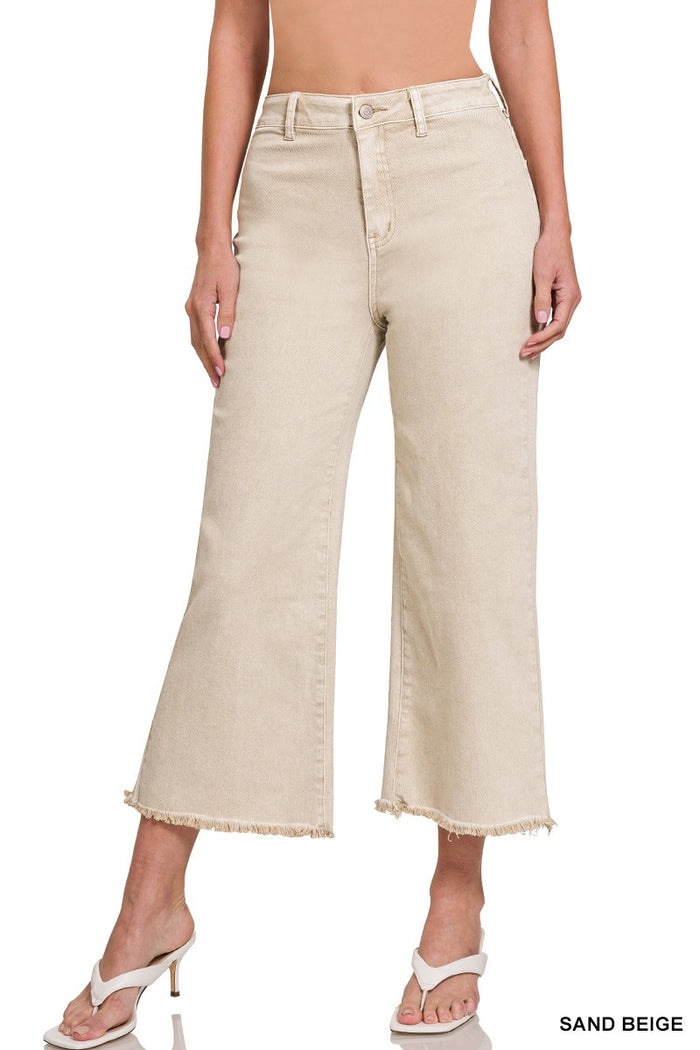 Style the Zenana Acid Washed Frayed Cutoff Hem Straight Wide Jeans exclusively at Born To Glam