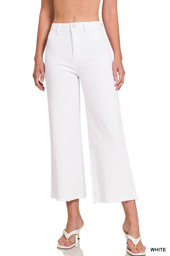 Style the Zenana Acid Washed Frayed Cutoff Hem Straight Wide Jeans exclusively at Born To Glam